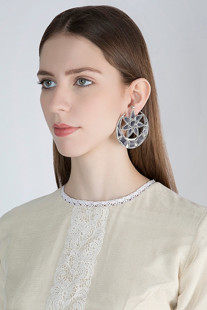 Antique Silver Finish Half Moon Big Mirror Earrings by Ritika Sachdeva at Pernia's Pop Up Shop