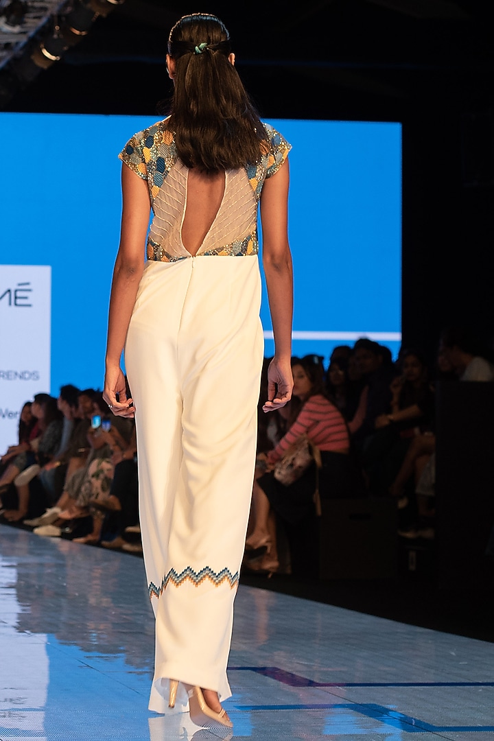 White Machine Embroidered Jumpsuit by Rajni Suyach at Pernia's Pop Up Shop