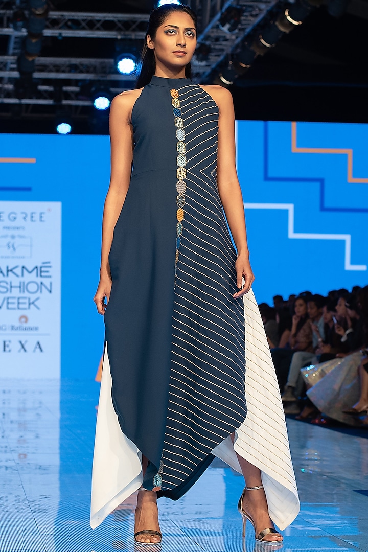 Blue Dress With Razor Cut Sleeves by Rajni Suyach