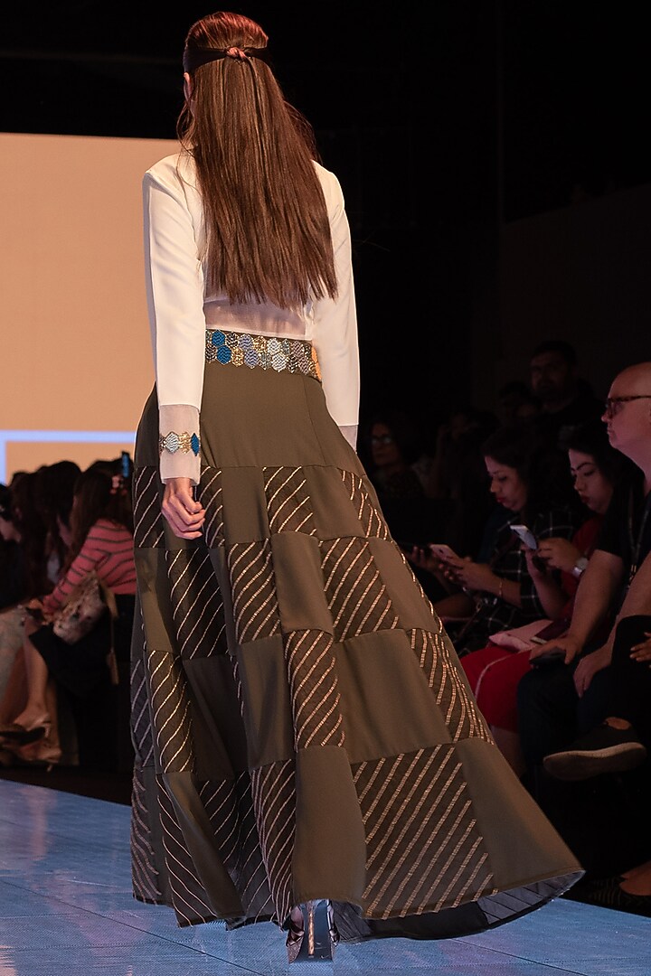 White Embroidered Crop Top With Green Skirt & Belt by Rajni Suyach at Pernia's Pop Up Shop