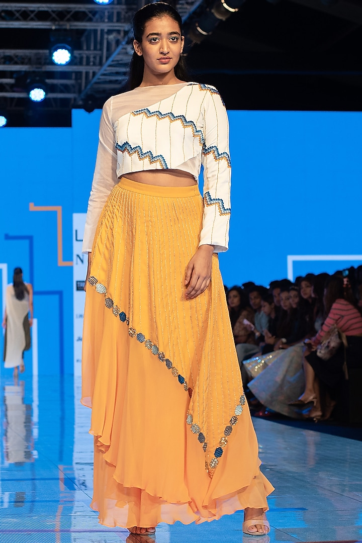 White Embroidered Crop Top With Yellow Skirt by Rajni Suyach