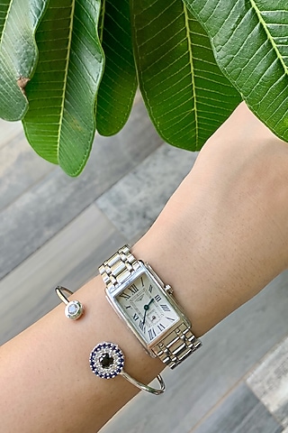 White Finish Evil Eye Bangle In Sterling Silver by Tres Zuri