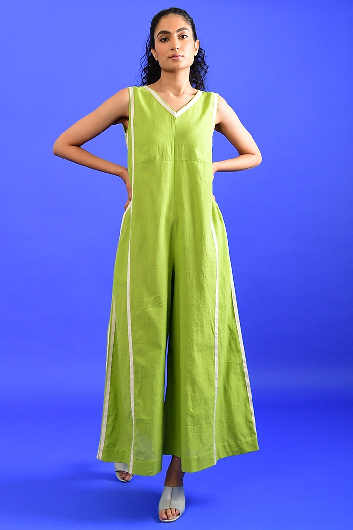 Bright Green Handloom Cotton Jumpsuit by Rias Jaipur