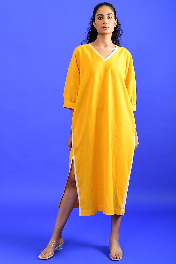 Bright Yellow Handloom Cotton Midi Dress by Rias Jaipur