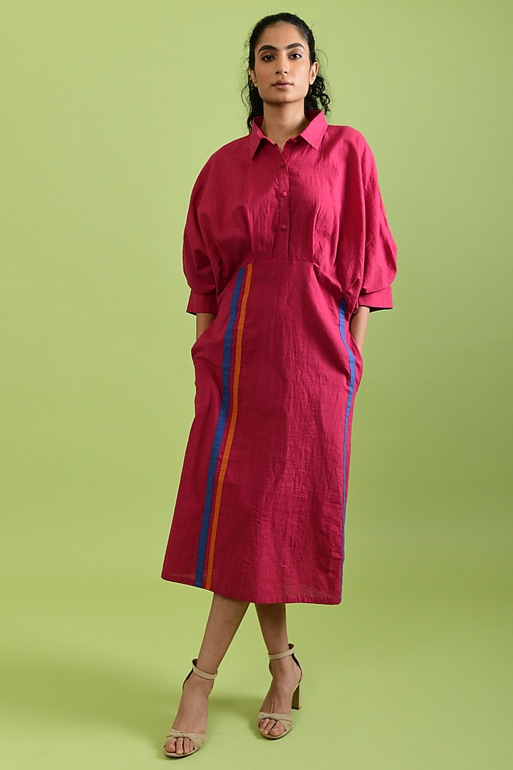 Bright Magenta Handloom Cotton Midi Dress by Rias Jaipur
