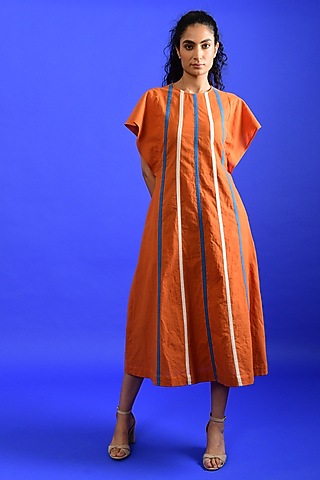 Bright Orange Handloom Cotton Midi Dress by Rias Jaipur