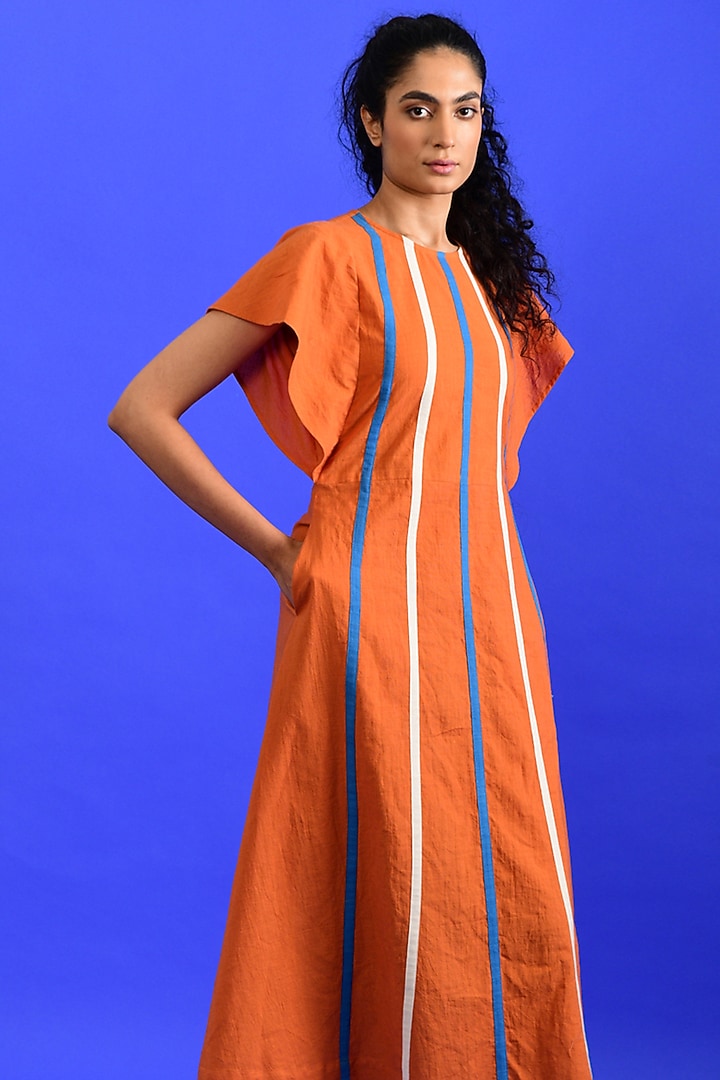Bright Orange Handloom Cotton Midi Summer Dress by Rias Jaipur at Pernia's Pop Up Shop