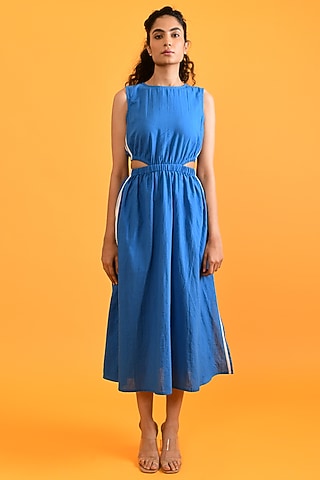 Egyptian Blue Handloom Cotton Midi Dress by Rias Jaipur