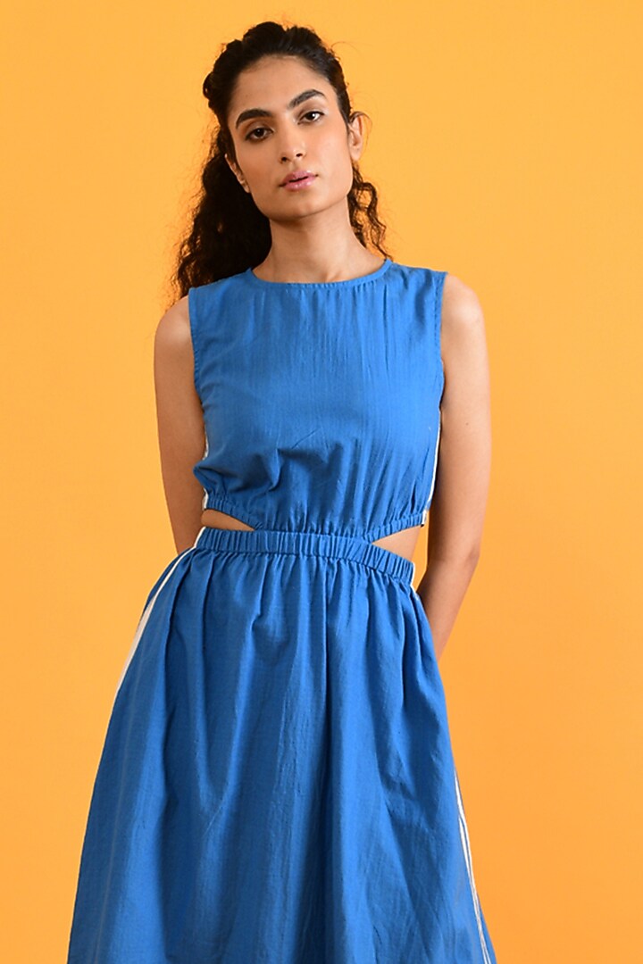 Egyptian Blue Handloom Cotton Midi Summer Dress by Rias Jaipur at Pernia's Pop Up Shop