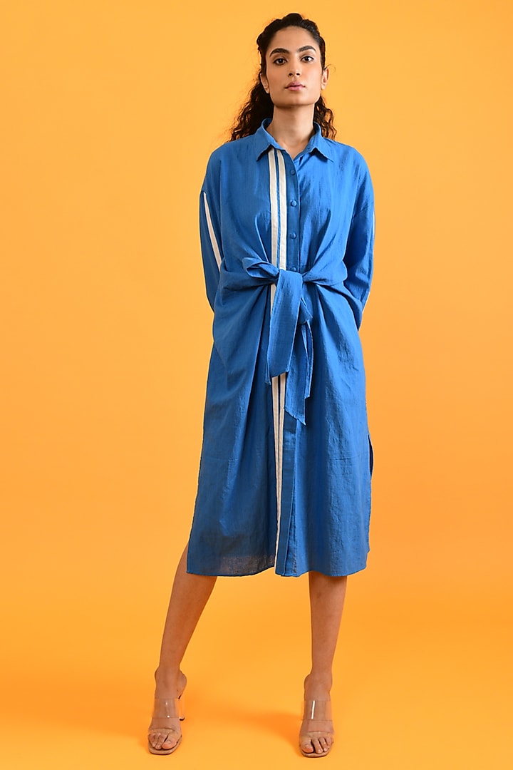 Egyptian Blue Handloom Cotton Midi Dress by Rias Jaipur