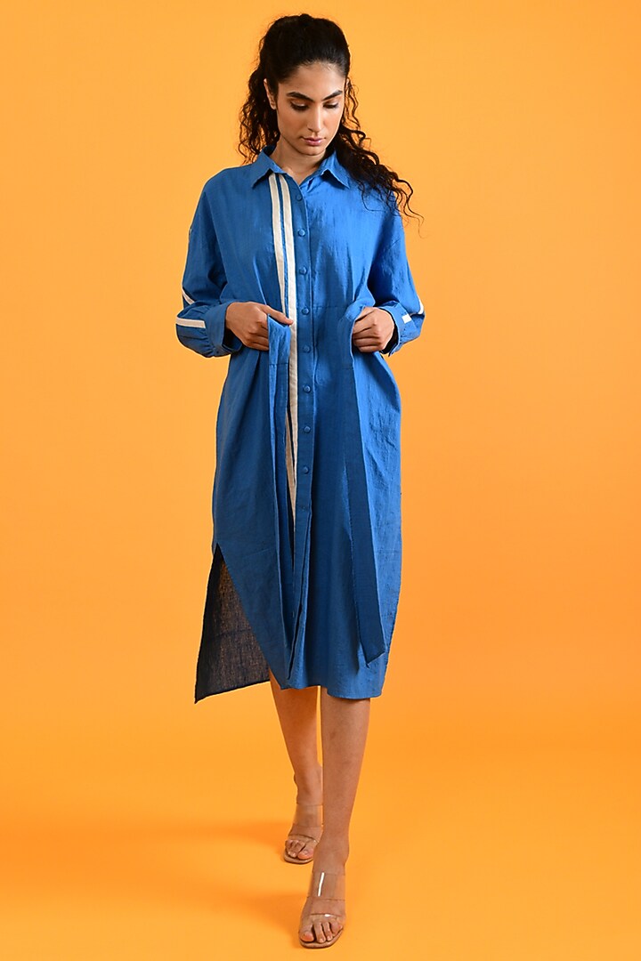 Egyptian Blue Handloom Cotton Midi Summer Dress by Rias Jaipur at Pernia's Pop Up Shop