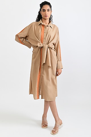 Beige Handloom Cotton Midi Dress by Rias Jaipur