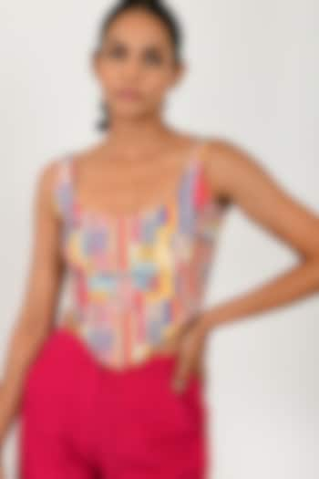 Multi-Colored Linen Blend Printed Corset Top by Rias Jaipur at Pernia's Pop Up Shop