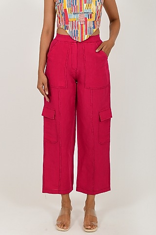 Magenta Linen Blend Cargo Pants by Rias Jaipur