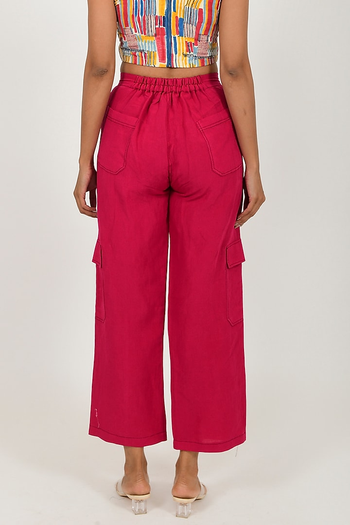 Magenta Linen Blend Cargo Pants by Rias Jaipur at Pernia's Pop Up Shop