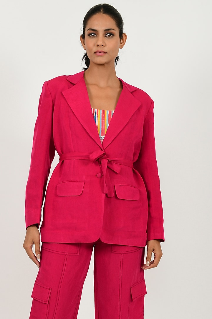 Magenta Linen Blend Blazer Jacket by Rias Jaipur at Pernia's Pop Up Shop