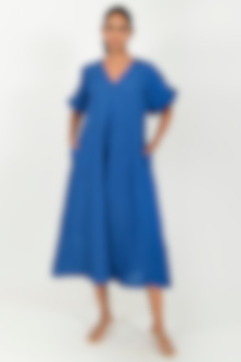 Indigo Blue Linen Blend Dress by Rias Jaipur at Pernia's Pop Up Shop