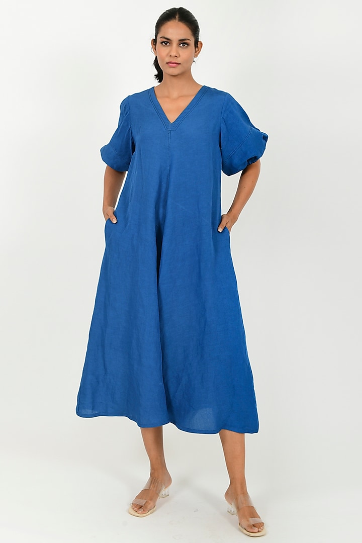 Indigo Blue Linen Blend Dress by Rias Jaipur at Pernia's Pop Up Shop