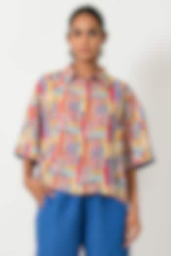 Multi-Colored Linen Blend Printed Cropped Shirt by Rias Jaipur at Pernia's Pop Up Shop