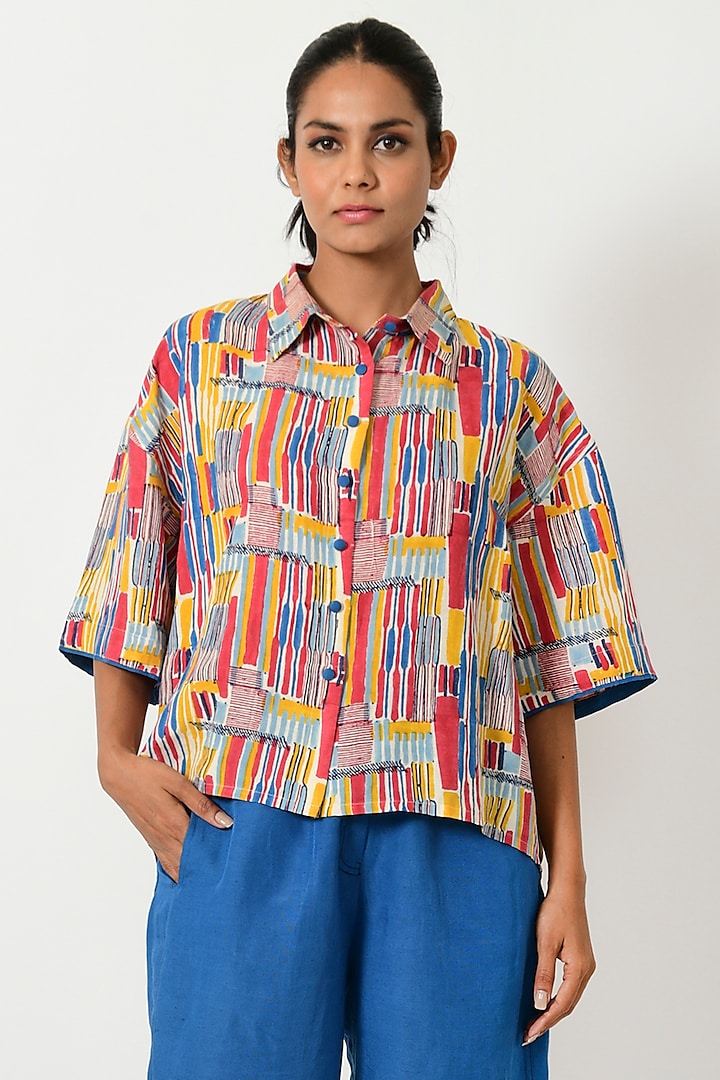 Multi-Colored Linen Blend Printed Cropped Shirt by Rias Jaipur at Pernia's Pop Up Shop