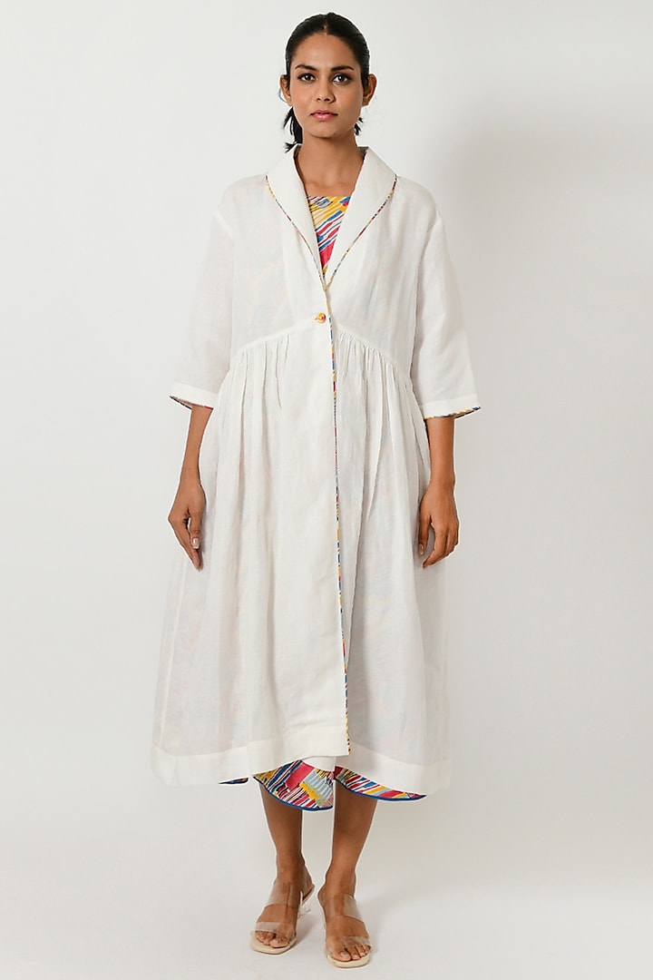 White Linen Blend Long Jacket by Rias Jaipur at Pernia's Pop Up Shop