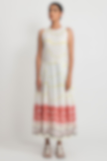 White Hand Block Printed Pleated Dress by Rias Jaipur