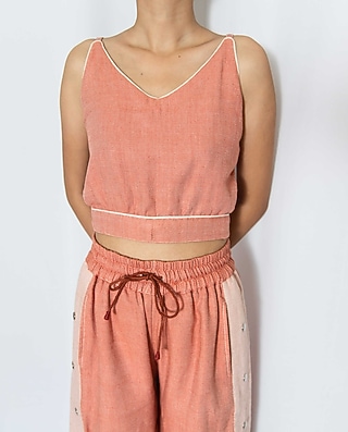 Coral Cotton Denim Crop Top by Rias Jaipur
