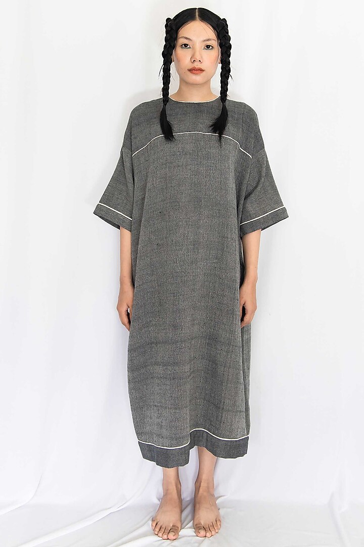 Charcoal Grey Handspun Cotton Denim Dress by Rias Jaipur