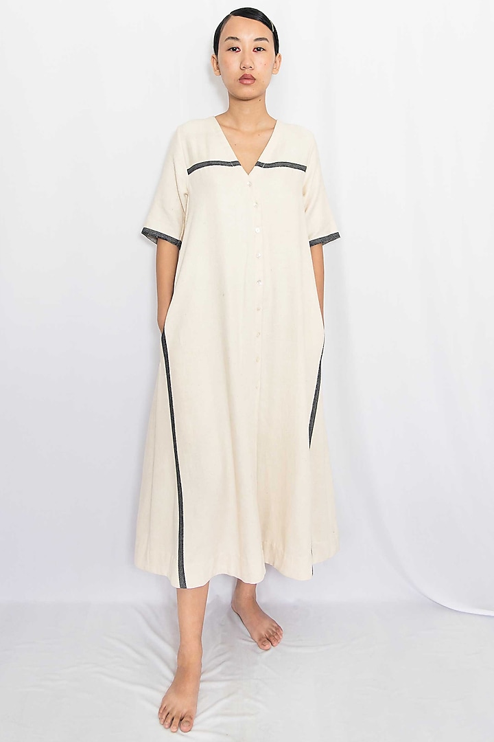 Beige Cotton Denim Paneled Dress by Rias Jaipur