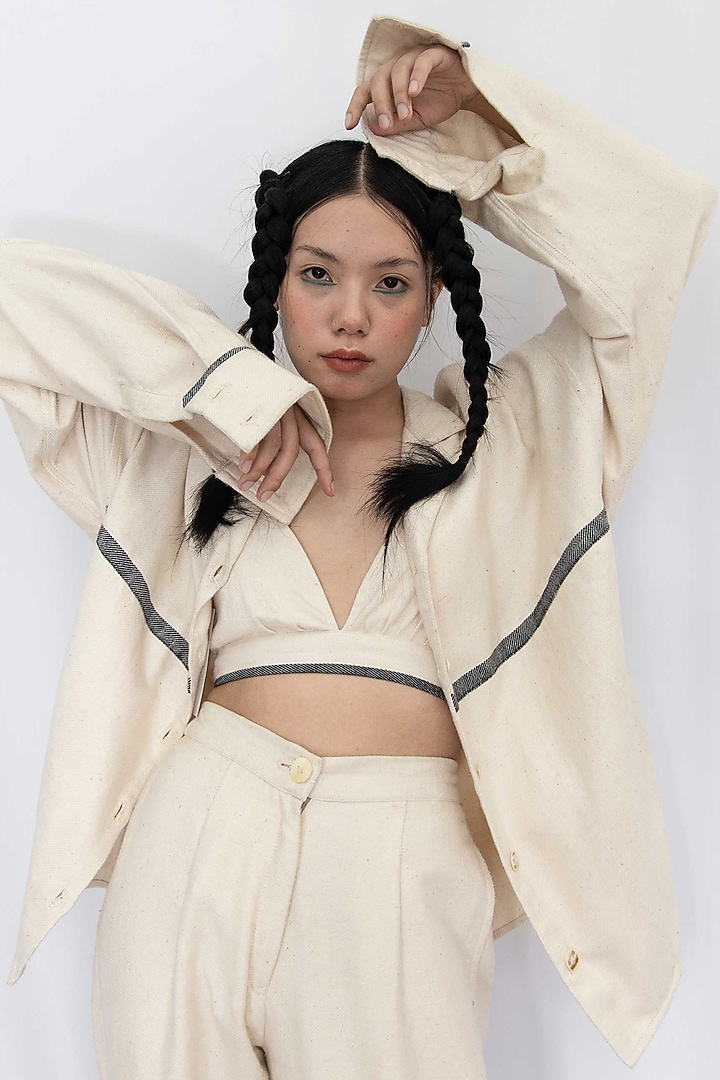 Beige Cotton Denim Jacket Set by Rias Jaipur at Pernia's Pop Up Shop