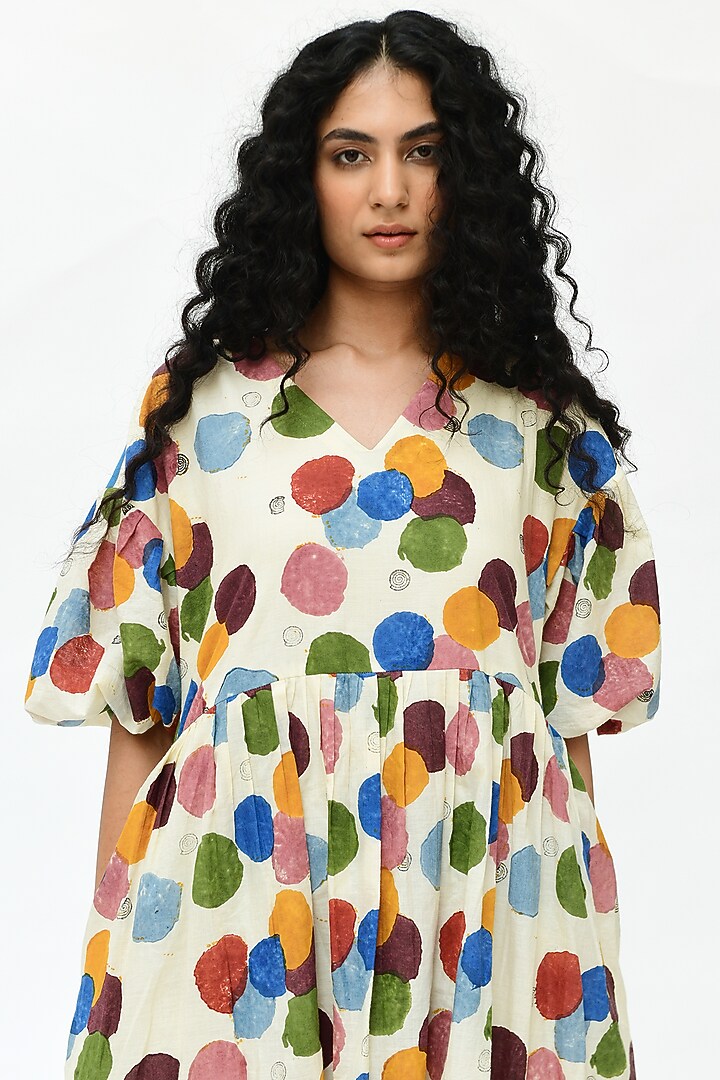 Off-White Block Printed Summer Dress by Rias Jaipur at Pernia's Pop Up Shop
