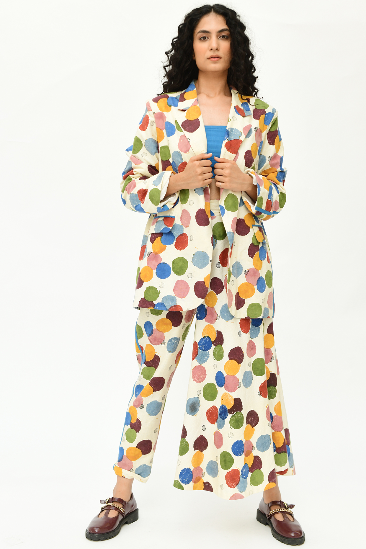 Off-White Polka Block Printed Blazer by Rias Jaipur