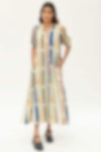 Off-White Stripe Block Printed Dress by Rias Jaipur