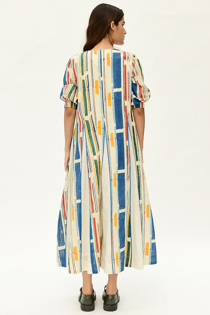 Off-White Stripe Block Printed Summer Dress by Rias Jaipur at Pernia's Pop Up Shop
