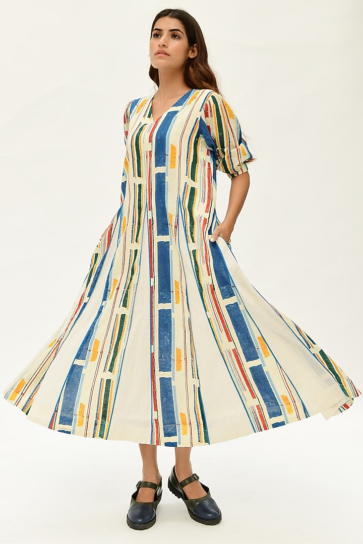 Off-White Stripe Block Printed Summer Dress by Rias Jaipur at Pernia's Pop Up Shop