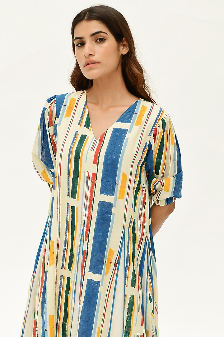 Off-White Stripe Block Printed Summer Dress by Rias Jaipur at Pernia's Pop Up Shop