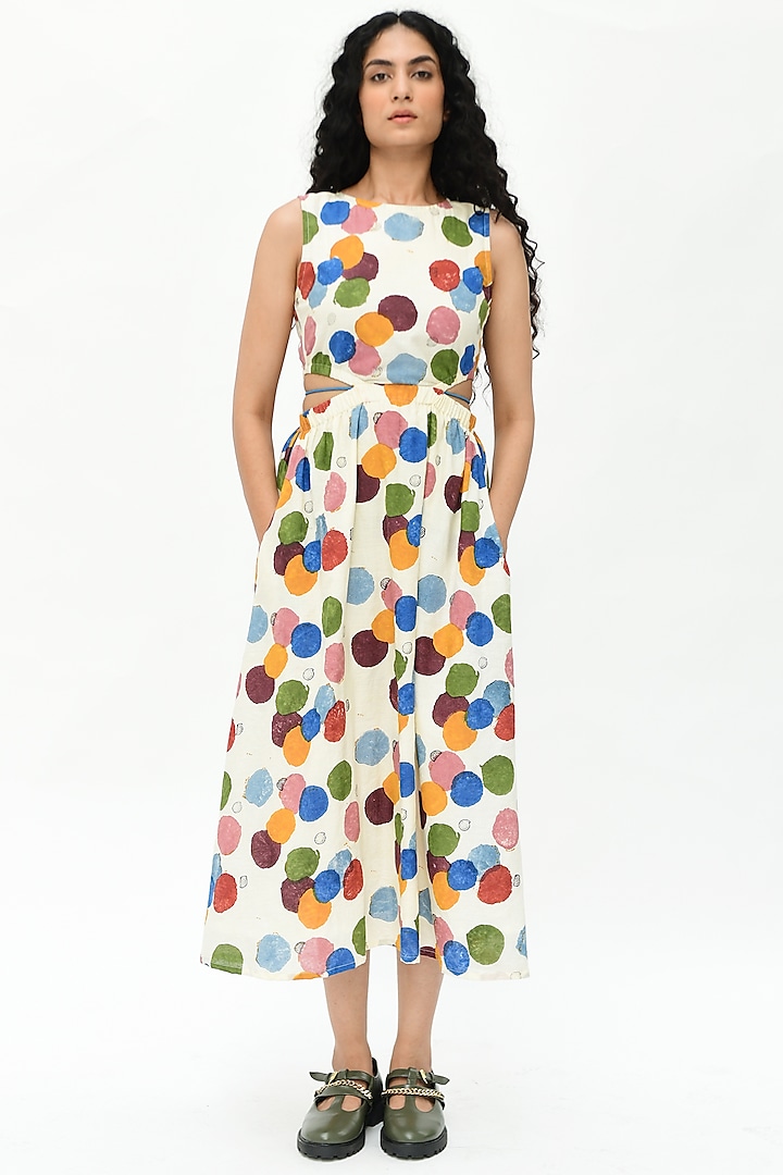 Off-White Hand Block Printed Dress by Rias Jaipur