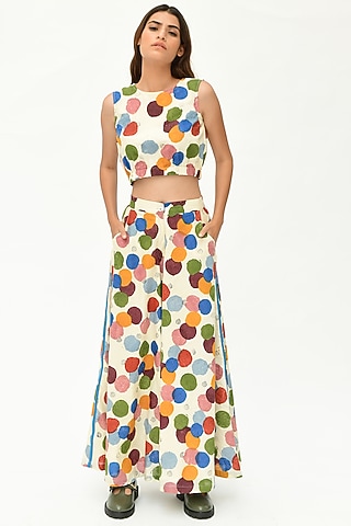Off-White Block Printed Flared Pants by Rias Jaipur