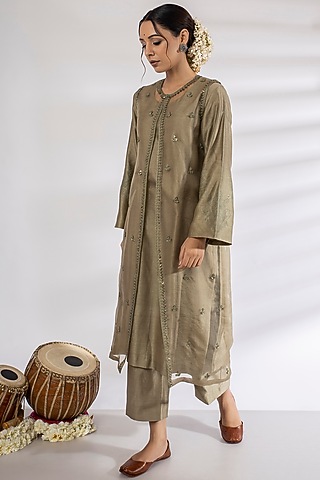 Olive Green Embroidered Kurta Set With Jacket by Rashi Jain