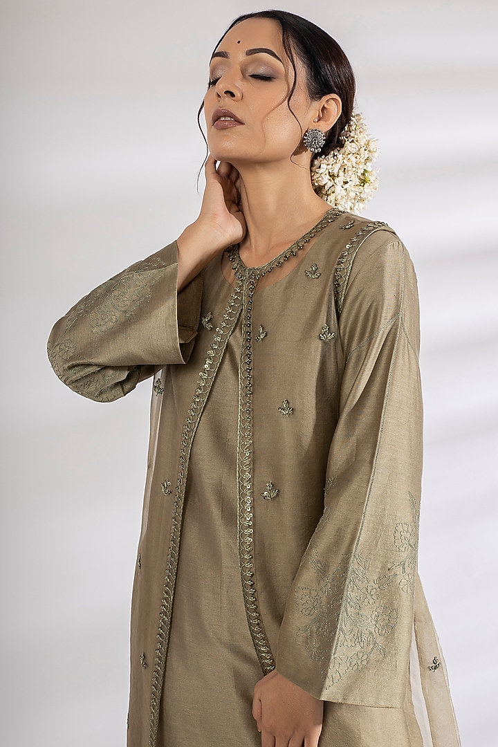Olive Green Embroidered Kurta Set With Jacket by Rashi Jain at Pernia's Pop Up Shop