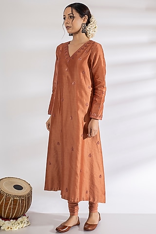 Orange Hand Embroidered Kurta by Rashi Jain