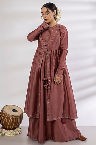 Brownish Pink Hand & Machine Embroidered Jacket Set by Rashi Jain