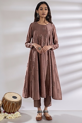 Taupe Embroidered Anarkali Set by Rashi Jain