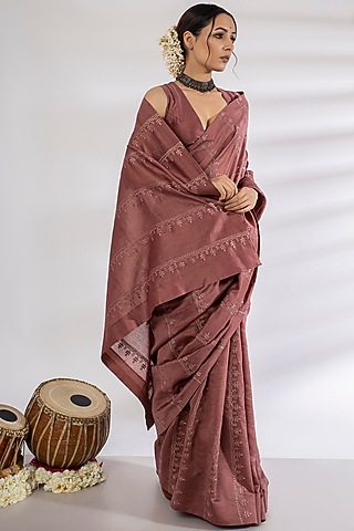 Brownish Pink Machine Embroidered Saree Set by Rashi Jain