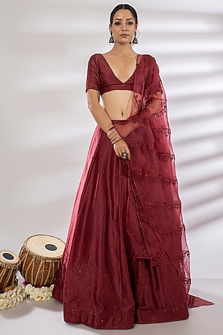 Red Hand Embroidered Lehenga Set by Rashi Jain