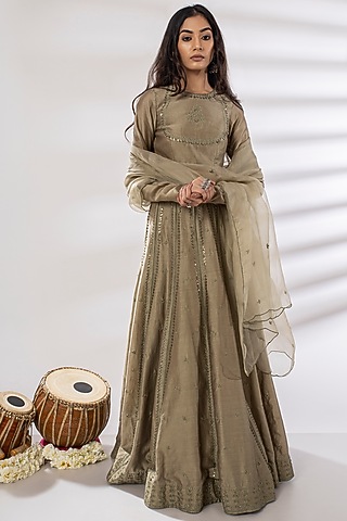 Olive Green Hand & Machine Embroidered Lehenga Set by Rashi Jain
