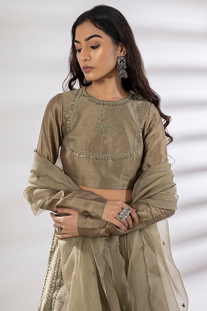 Olive Green Hand & Machine Embroidered Wedding Lehenga Set by Rashi Jain at Pernia's Pop Up Shop