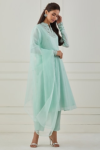 Aqua Hand Embroidered Anarkali Set by Rashi Jain