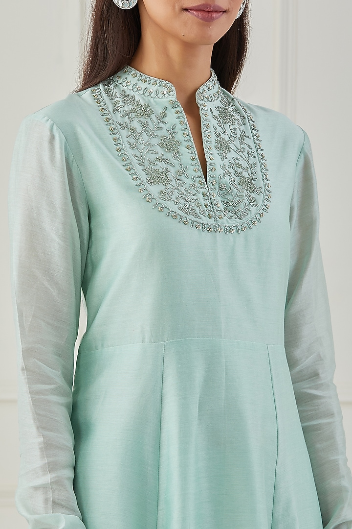 Aqua Hand Embroidered Party Wear Anarkali Set by Rashi Jain at Pernia's Pop Up Shop