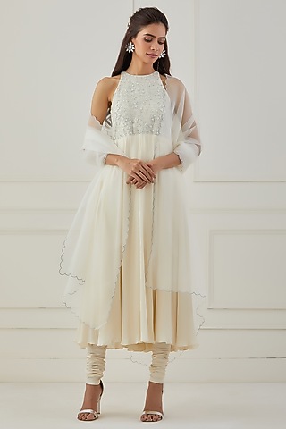 White Embroidered Anarkali Set by Rashi Jain